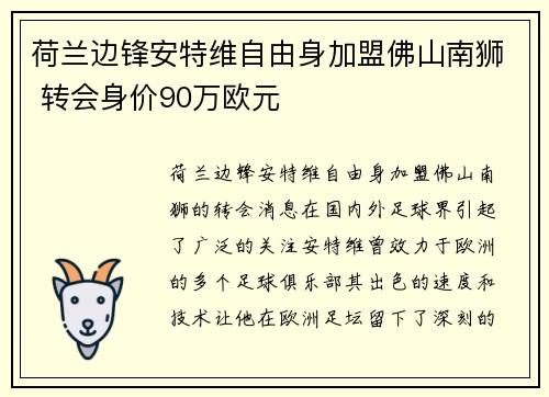 荷兰边锋安特维自由身加盟佛山南狮 转会身价90万欧元