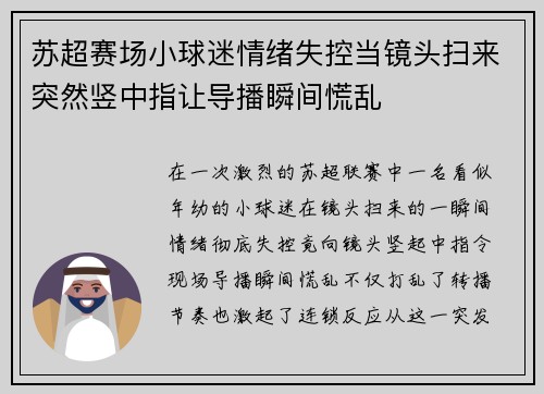 苏超赛场小球迷情绪失控当镜头扫来突然竖中指让导播瞬间慌乱